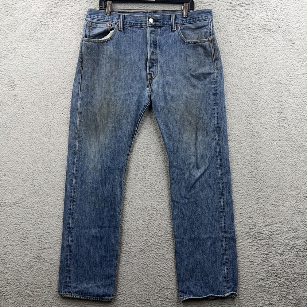 Levis 501 XX Jeans Mens 36x32 Blue Button Fly Straight Leg Distressed Denim